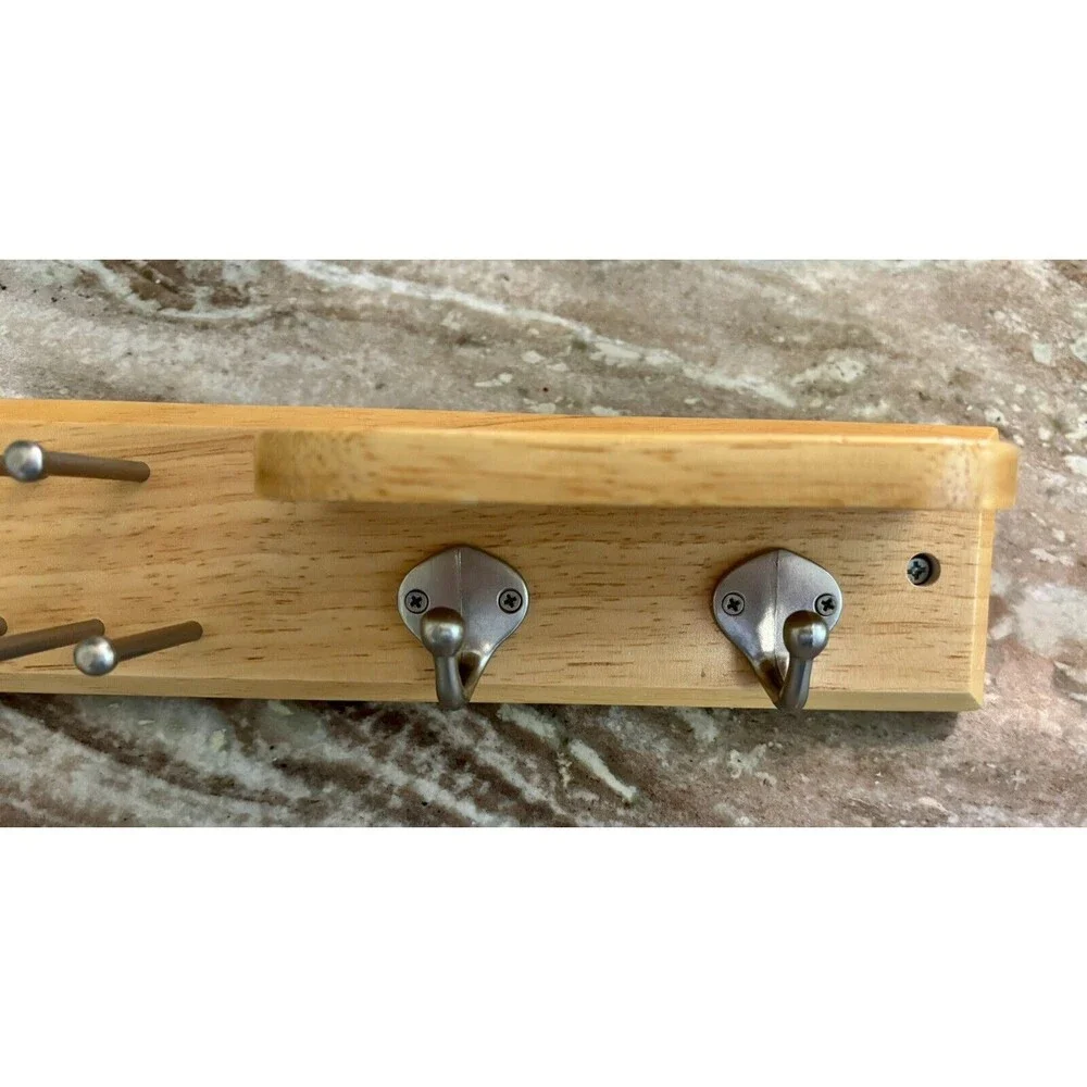 Oak TIE & BELT ORGANIZER. 24 Brushed Chrome Color Pegs, 2 Hooks & Shelf